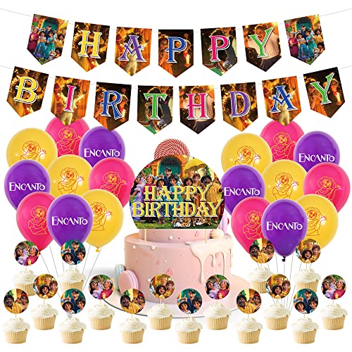 Kit de Suministros de Fiesta Encanto Globos Feliz Cumpleaños del Pancarta Topper de Tarta Decoración para Niños Encanto Encanto Cumpleaños Fiesta Decoración Cover