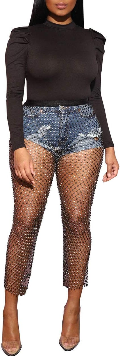 Women’s Mesh Rhinestone Pants See Through Fishnet Leggings Hollow Out Bikini Swimsuit Cover Up Trousers Bottoms