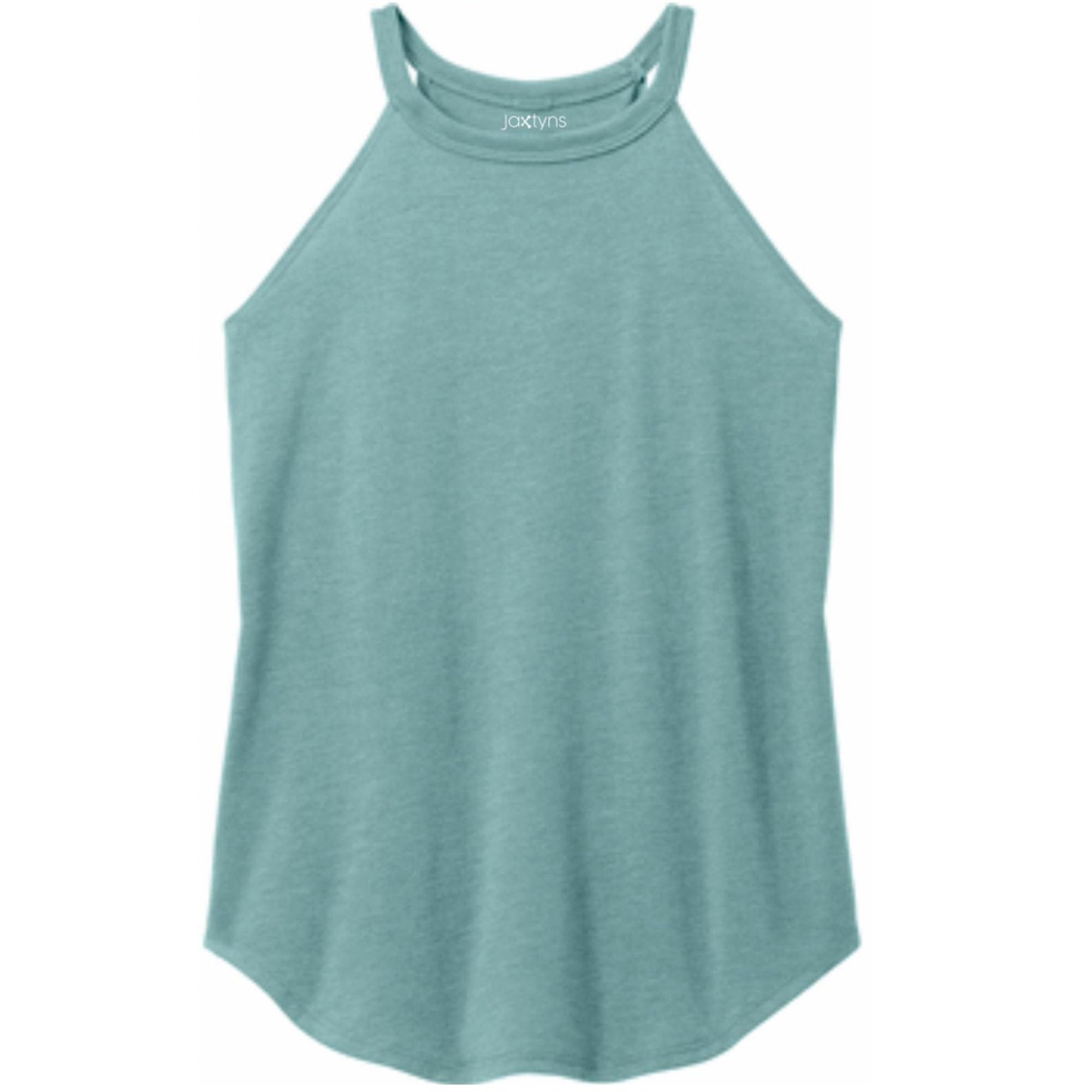 Jaxtyns Ladies Rocker Tank | Womens High Neck Tank | Workout Causal Tank Top - Heathered Eucalyptus - M, Medium