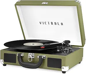 Victrola Vintage 3-Speed Bluetooth Portable Suitcase Record Player with Built-in Speakers | Upgraded Turntable Audio Sound | Green Olive