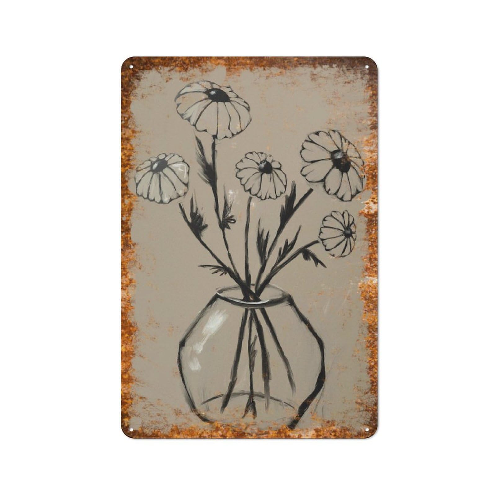 peiyeety Metal Tin Sign Daisy Flowers In Vase Line Art Pattern Vintage Rustic Wall Art Kitchen Bathroom Bedroom Living Room Cafe Farmhouse Office Garage Home Bar Laundry Room Porch 8x12 Inch