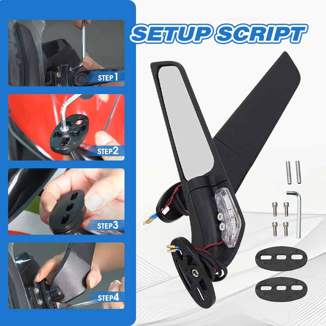 Racing Motorcycle Rear View Mirrors Stealth Mirrors with LED Turn Signal Lights for Honda CBR250R CBR300R CBR500R CBR600RR, for Kawasaki Ninja 400 300 650 Suzuki GSXR600 750 Yamaha R3 Ducati