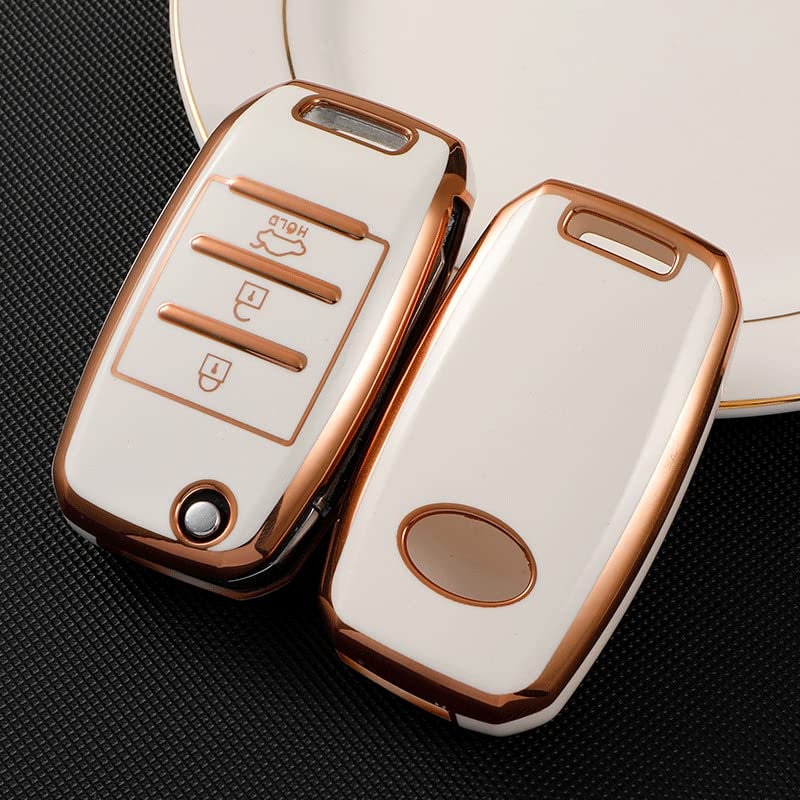 Image of KMH TPU Gold Car Smart Key Cover Compatible for Kia Seltos and Sonet 3 Push Button Smart Flip Key Shell Case Holder, Full Key Protection (White Gold) Pack of 2