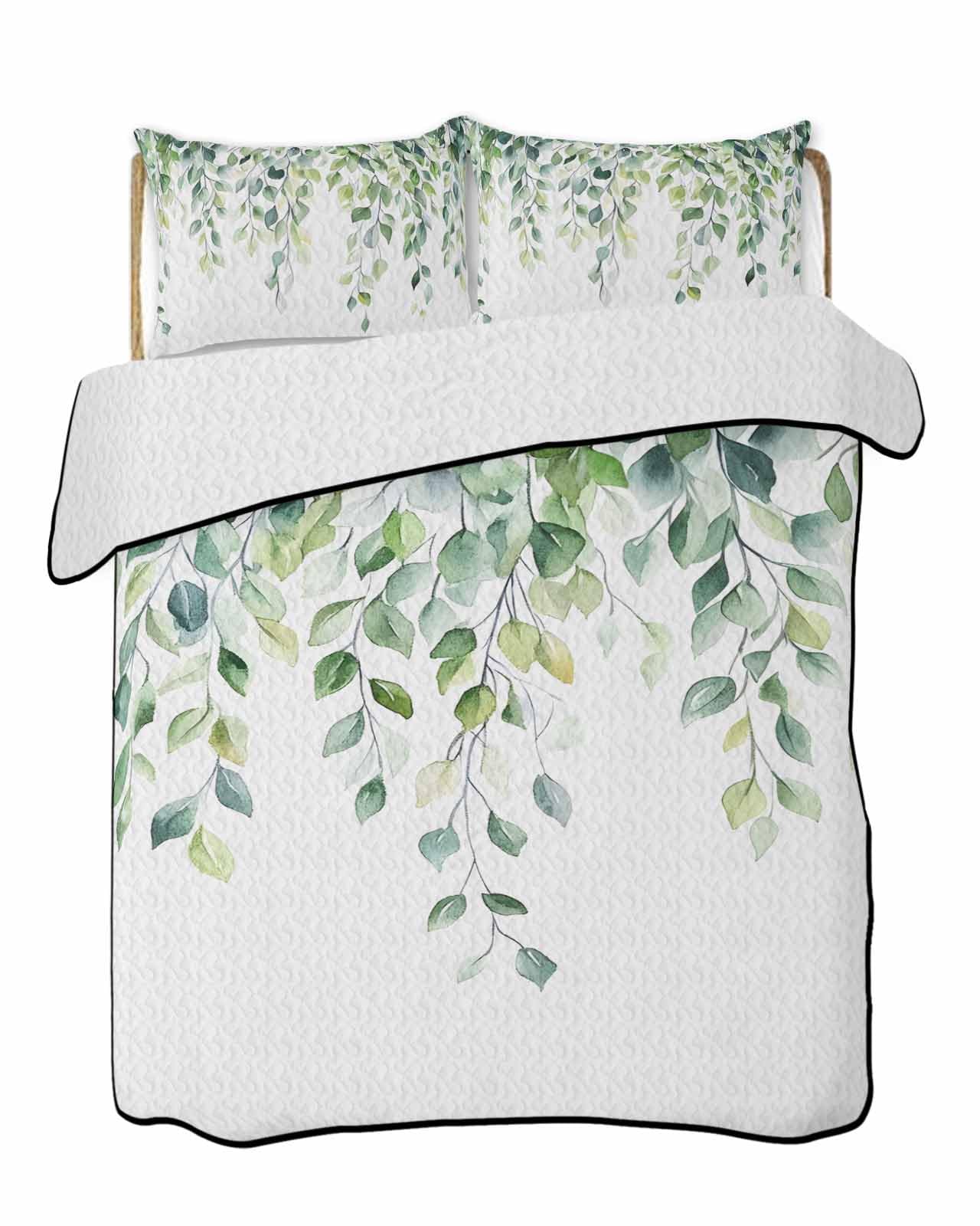 Sage Green Eucalyptus Leaves Quilts Twin Size, Spring Botanical Soft Comforter Bedding Set for Bed, Farmhouse Lightweight Quilt Bedspread with Pillow