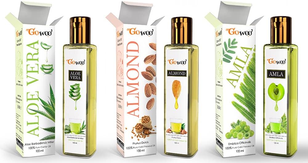 GO WOOPack of 3 100% Pure Cold Pressed Carrier Oil - Aloe Vera, Almond and Amla Hair Oils, Suited for All Hair 300 ML
