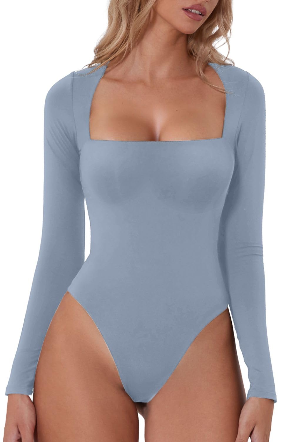 QINSENWomen's Sexy Square Neck Bodysuit Long Sleeve Double Lined Shirt Tops