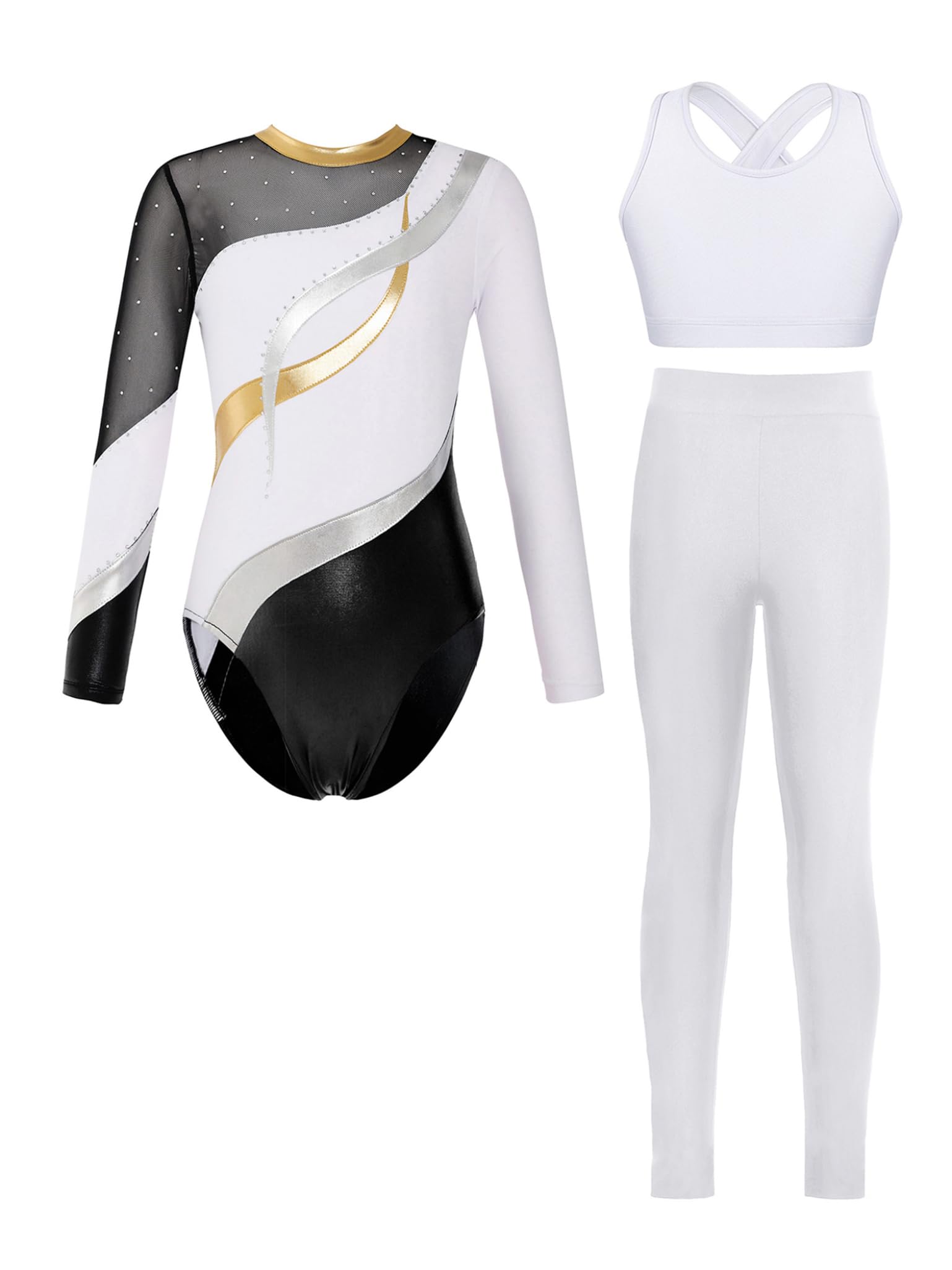 Mädchen Turnanzug Glitzer Langarm Gymnastikanzug mit Hose Sport BH Tops Trikotanzug Eiskunstlauf Body Overall Wettbewerb Tanzkostüm