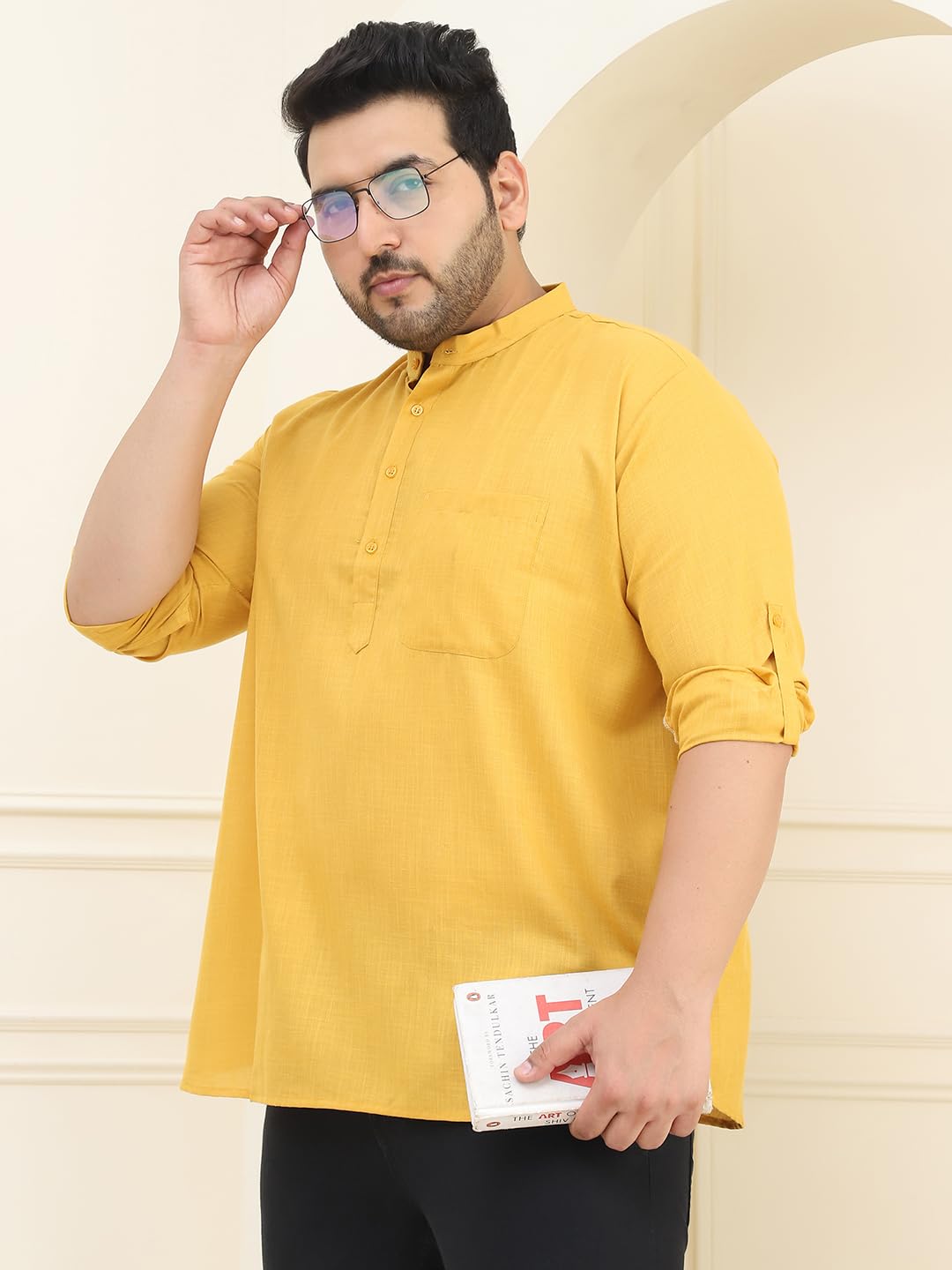 Sojanya Plus(Since 1958), Men's Cotton Mustard Short Kurta