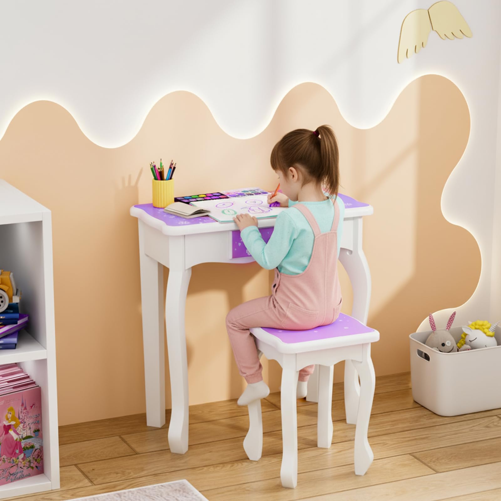 Bonnlo Ensemble Coiffeuse Enfant Fille avec Miroir à Trois Volets, Bureau 2 en 1 Idéal pour Chambre d'enfant, Dimensions 60 x 30 x 98 cm (Violet)