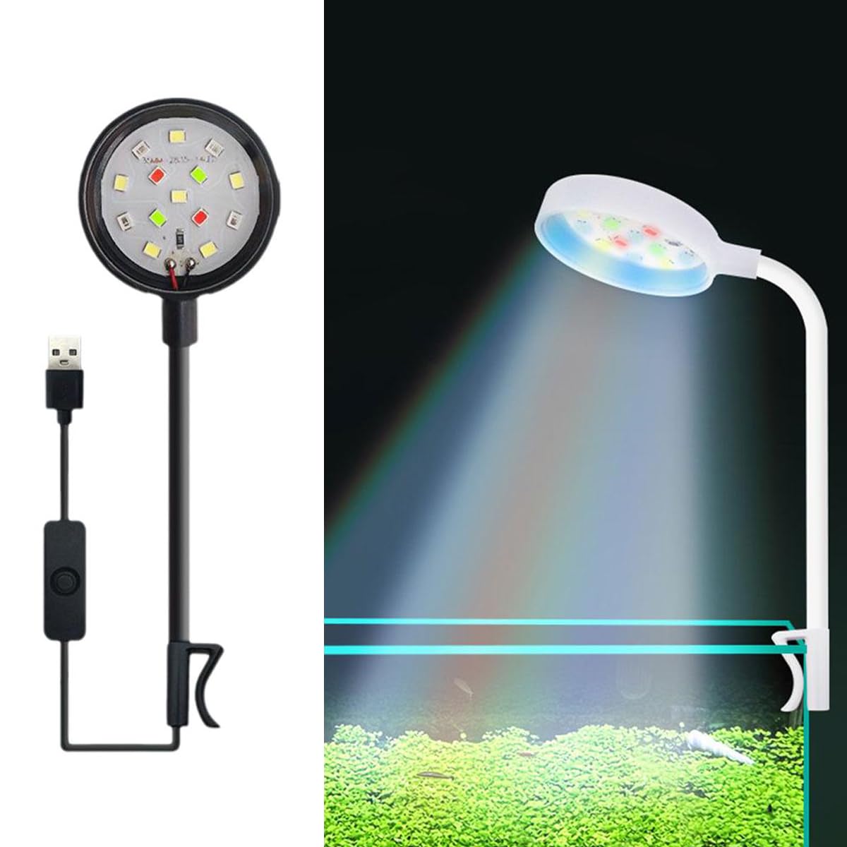 HFLWYWD Clip On Aquarium Light for 2-5mm Thick Fish Tanks,Led Aquarium Light for Plants,USB Plug 360 Degree Adjustable Bendable Water Plant Light Fill Light,USB Moving Lamp for Open Terrarium (Black)
