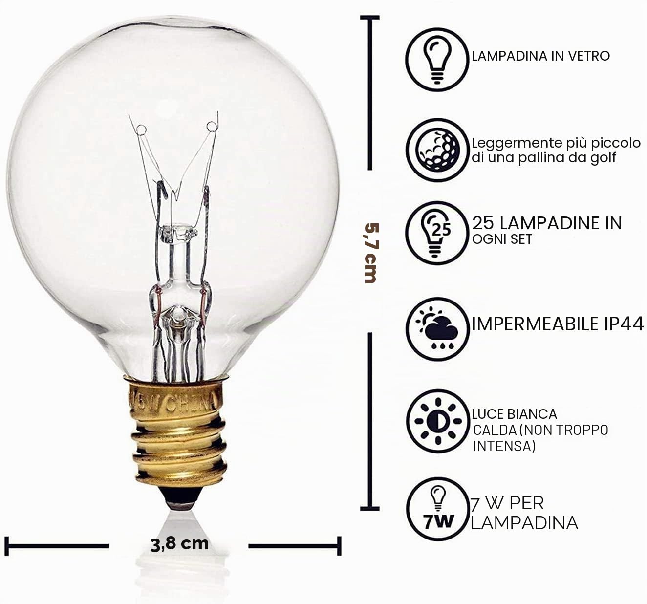 Lampadine di ricambio per illuminazione esterna, G40, 25 pezzi, E12, IP44, UL, bianco caldo per illuminazione terrazzo, decorazione per feste, matrimoni, 7 W, 220 V-240 V