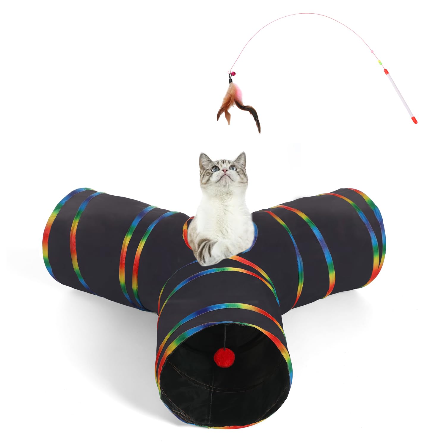 LUCKITTY Cat Tunnels Tube Toy with Plush Ball & Cat Wand Feather Toys-Portable Tattaff Waterproof Washable-Interesting Geometric Pattern Collapsible-3 Way Black Rainbow