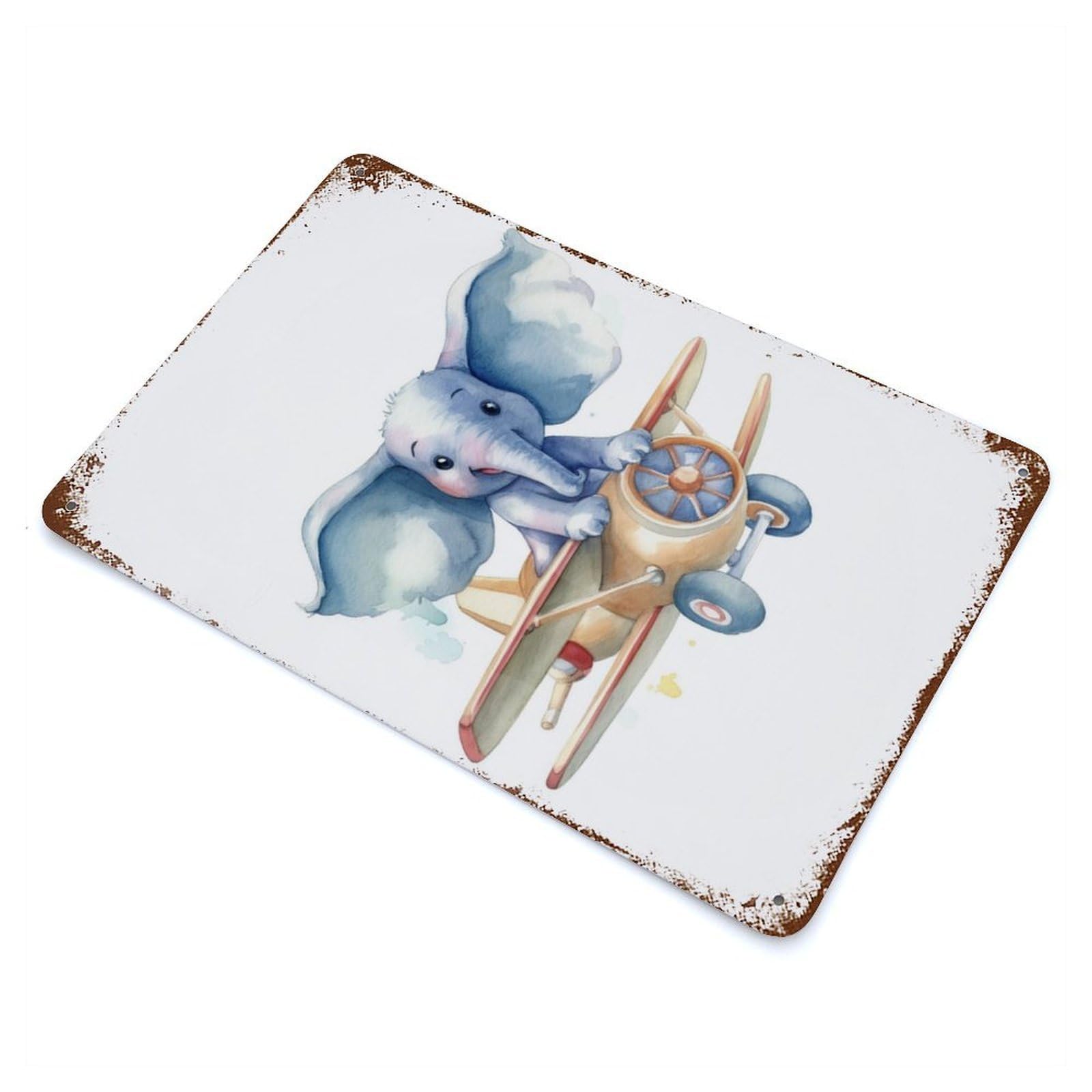 Rust Effect Elephant in Plane Weathered Tin Sign 11.8"x7.9", Classic Wall Plaque for Living Room, Hallway And Home Decor