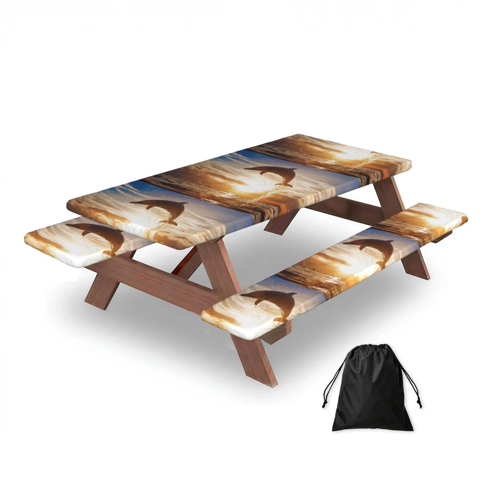 Dopklna As Picture Dolphin Jumping From Shining Water, Picnic Table Cover With Bench Covers -Waterproof Elastic Fitted Tablecloth For Garden Camping Patio 76X152cm