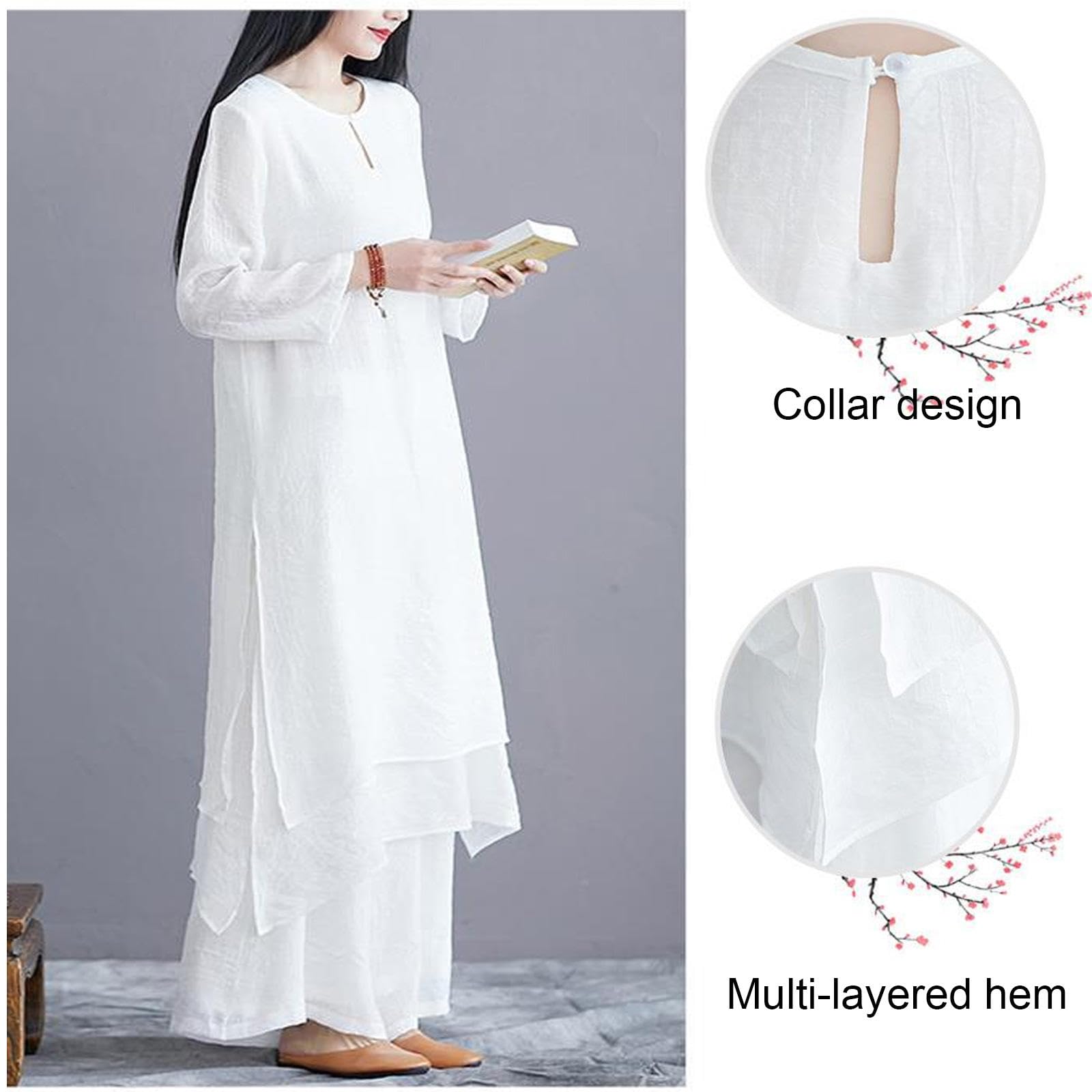 Abbigliamento Tai Chi da Donna in Seta e Lino, Uniforme Kung Fu, Tuta a Maniche Lunghe per Arti Marziali, per Meditazione Zen, Esercizi Mattutini,White-M