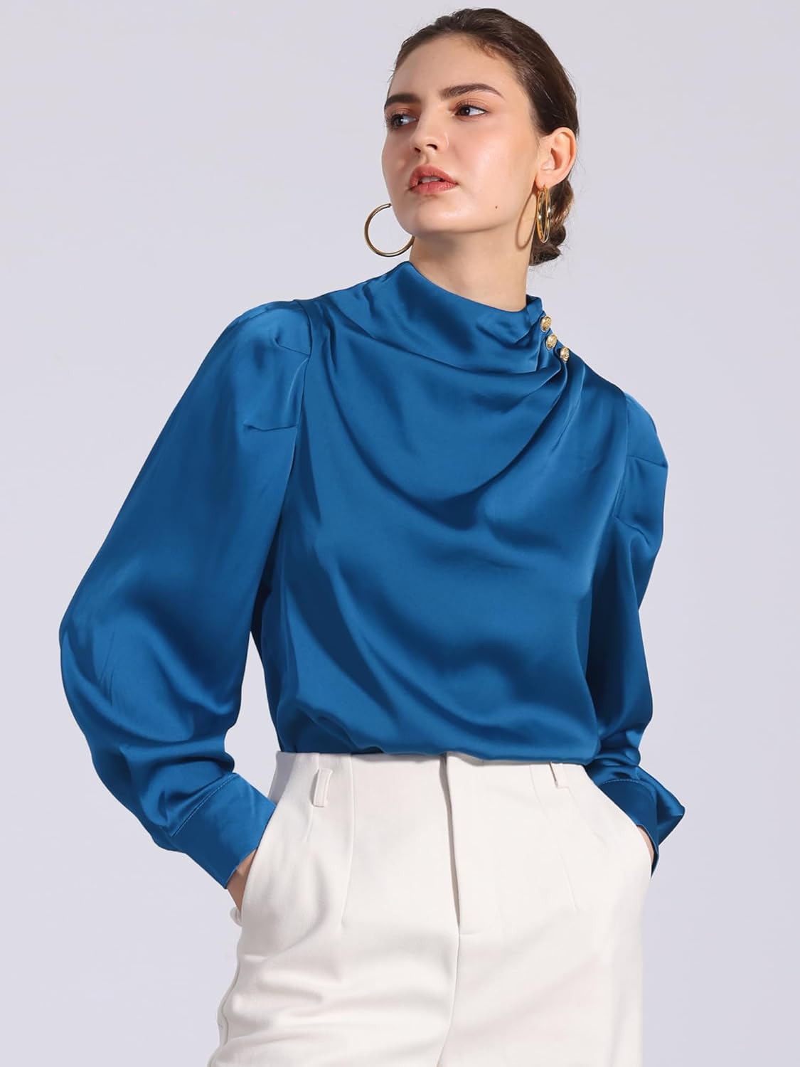 Allegra K Women's Satin Blouse Puff Long Sleeve Elegant Pleated Mock Neck Dressy Casual Top - Image 2