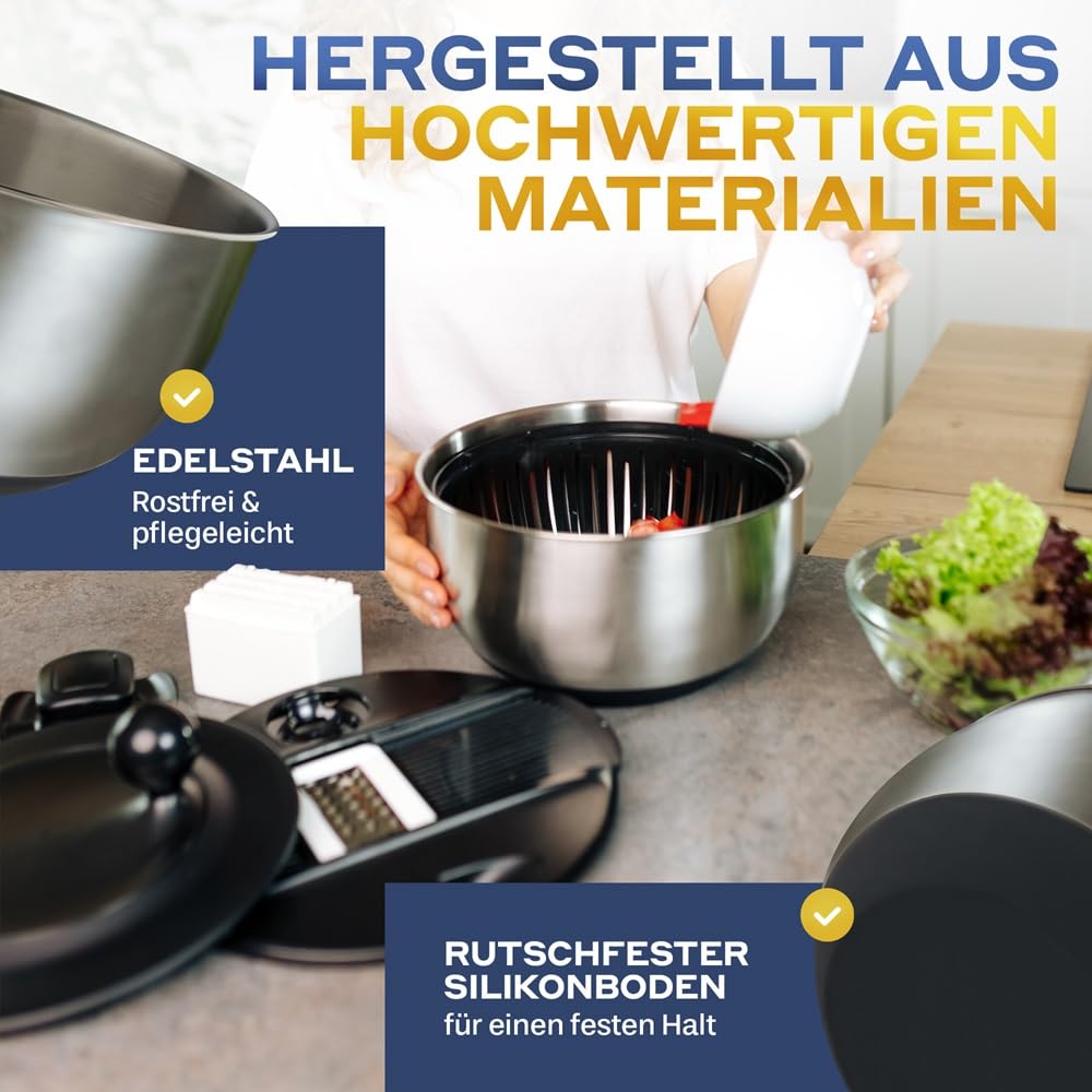 Salatschleuder Edelstahl mit Schneidefunktion [5 Verschiedene Aufsätze] Eigelbtrenner, Salatschüssel, Edelstahlschüssel mit 5L Volumen, Spülmaschinenfest zum Kochen Backen und Schneiden