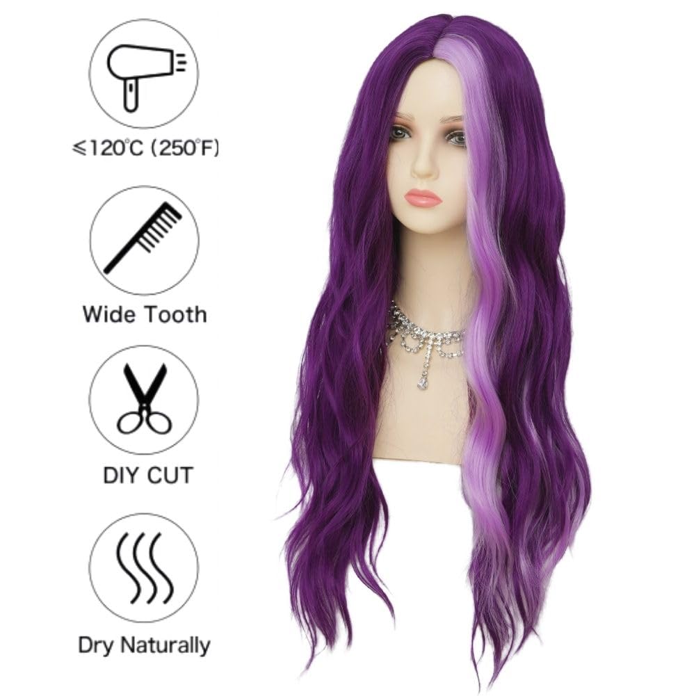 Siudus Purple Long Curly Wavy Wigs for Women Middle Part Natural 28 Inch Hair Wig Heat Resistant Fiber for Cosplay Costume Halloween Use - Image 3