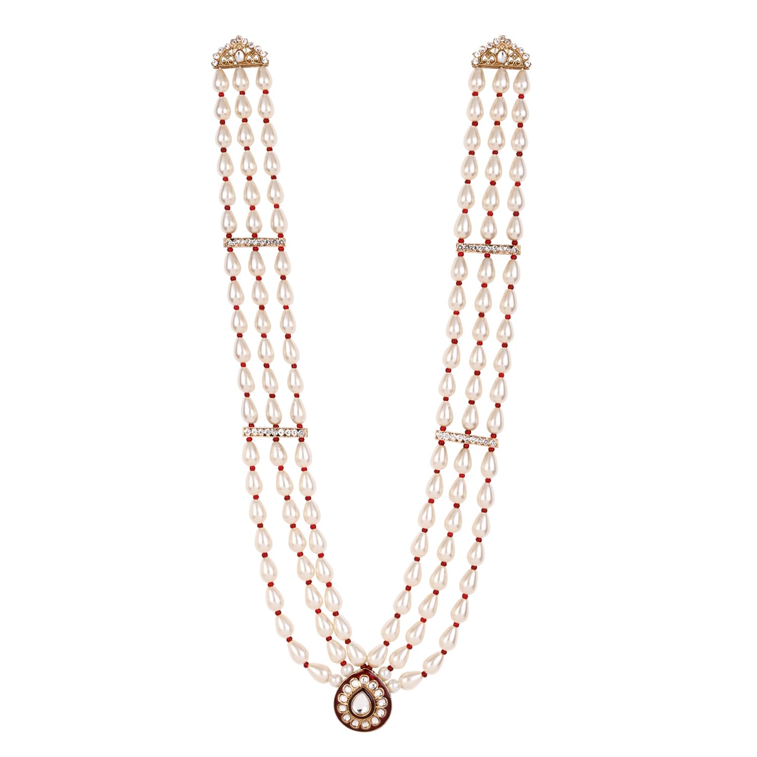 3 Layered Traditional Gold Plated Dulha Moti Mala with Beaded Maharaja Haar/Groom Necklace for Men-image-5