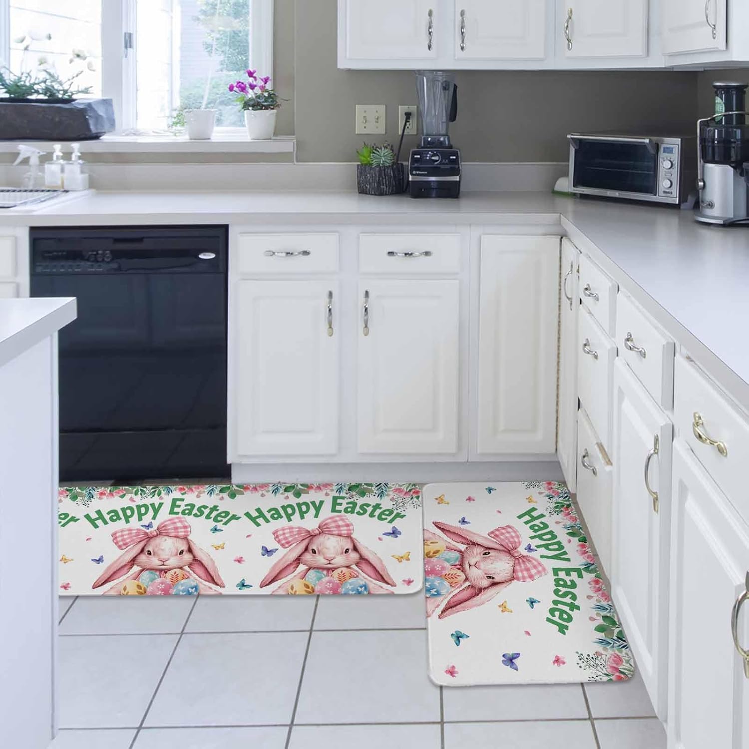 Spring Easter Kitchen Rugs and Mats Set of 2, Non-Slip Kitchen Sink Mat, Pink Cute Rabbits Flowers Eggs Butterflies Plants Washable Doormat Bathroom Rugs Runner for Bedroom 19.7"x23.6"+19.7"x47.2"