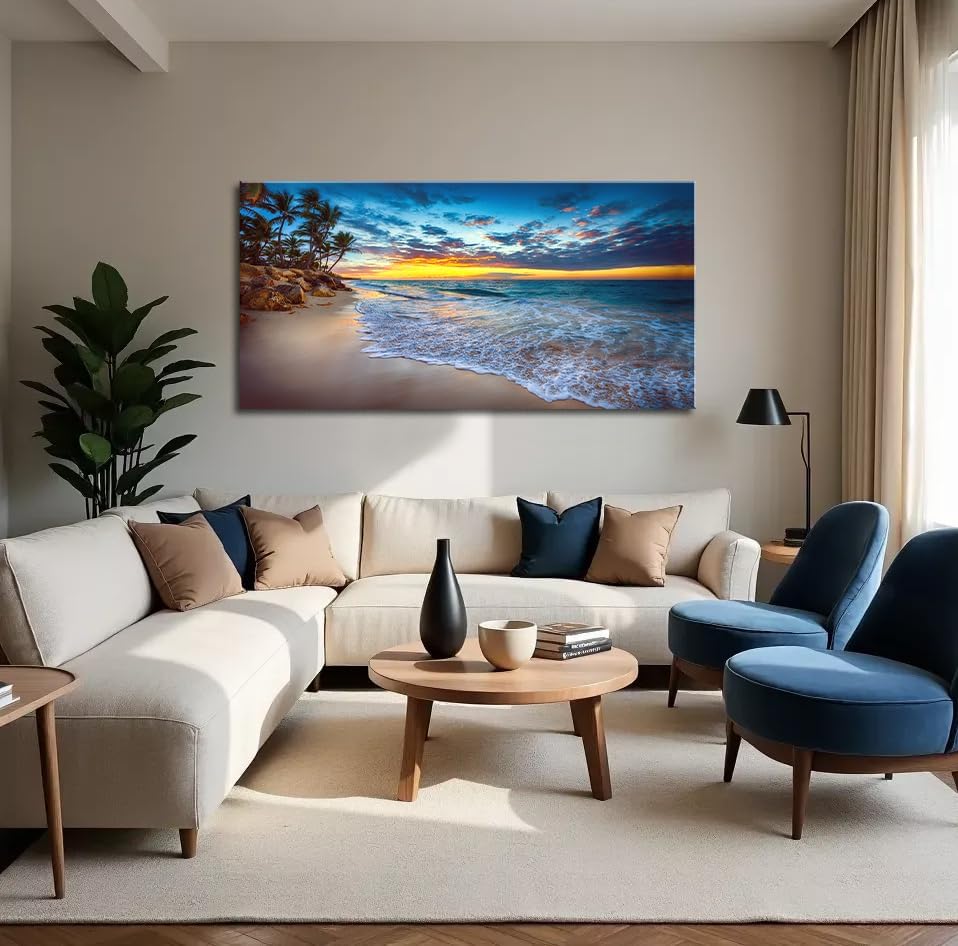 large sunset beach canvas wall art for living room coastal painting wall decor seascape picture nature ocean artwork poster print for office bedroom decoration 24"x48" 48"l x 24"w beach painting - c
