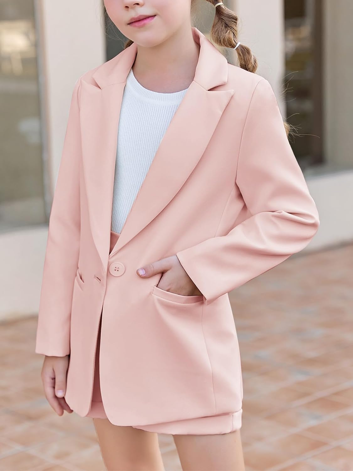 Batermoon Girls 2 Piece Outfits Button Front Long Sleeve Blazer and Short Pants Suit Sets 4-14 Years - Image 3