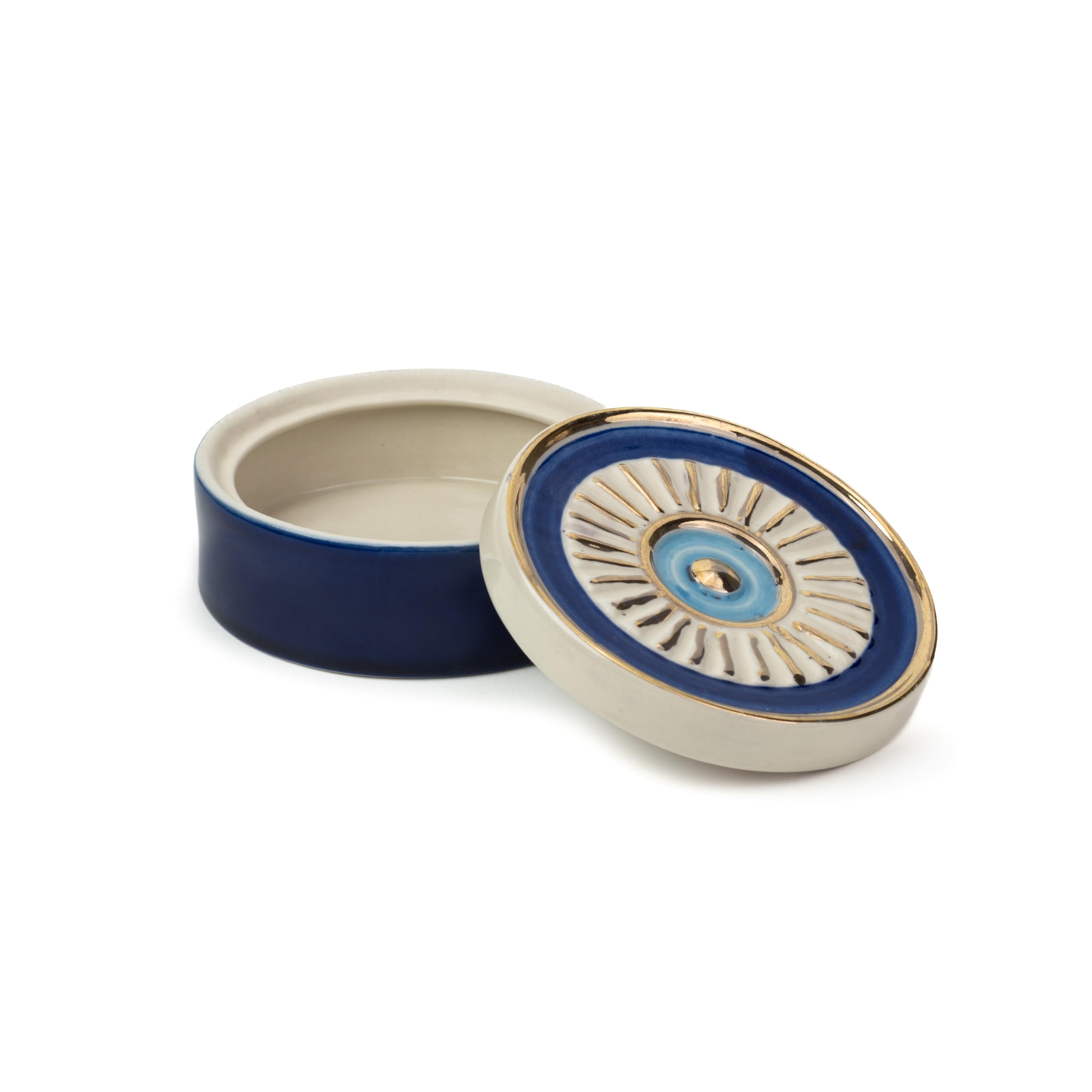 Shay Ceramic Cookie Jar, 1 Pc, Blue White and Gold | Glossy Finish | Premium Ceramic Cookie Jar| Medium Size | Ceramic Jar (Cookie Box - Hamsa)