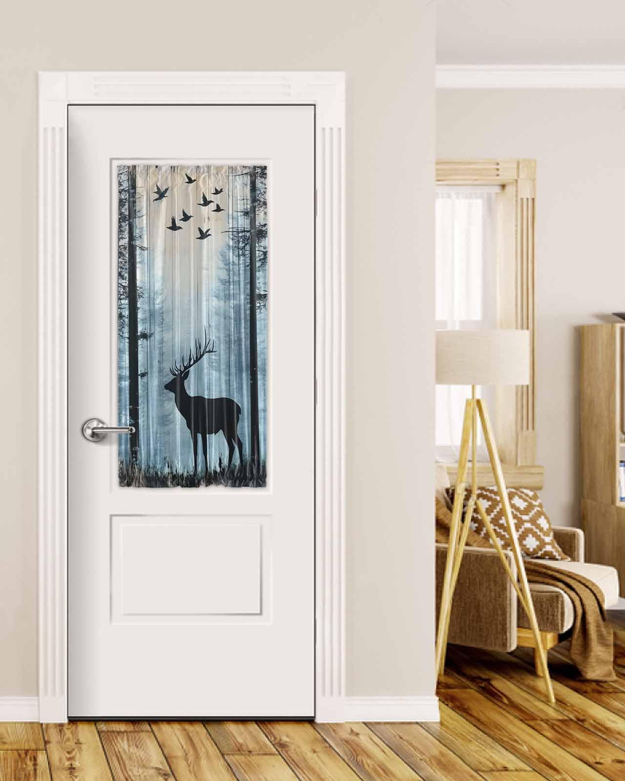 Forest Elk Black Out French Door Curtains For Door Window, Deer Birds Nature Tree Antlers Mountain Rod Pocket Drapery Curtain Panel With Tiebacks For