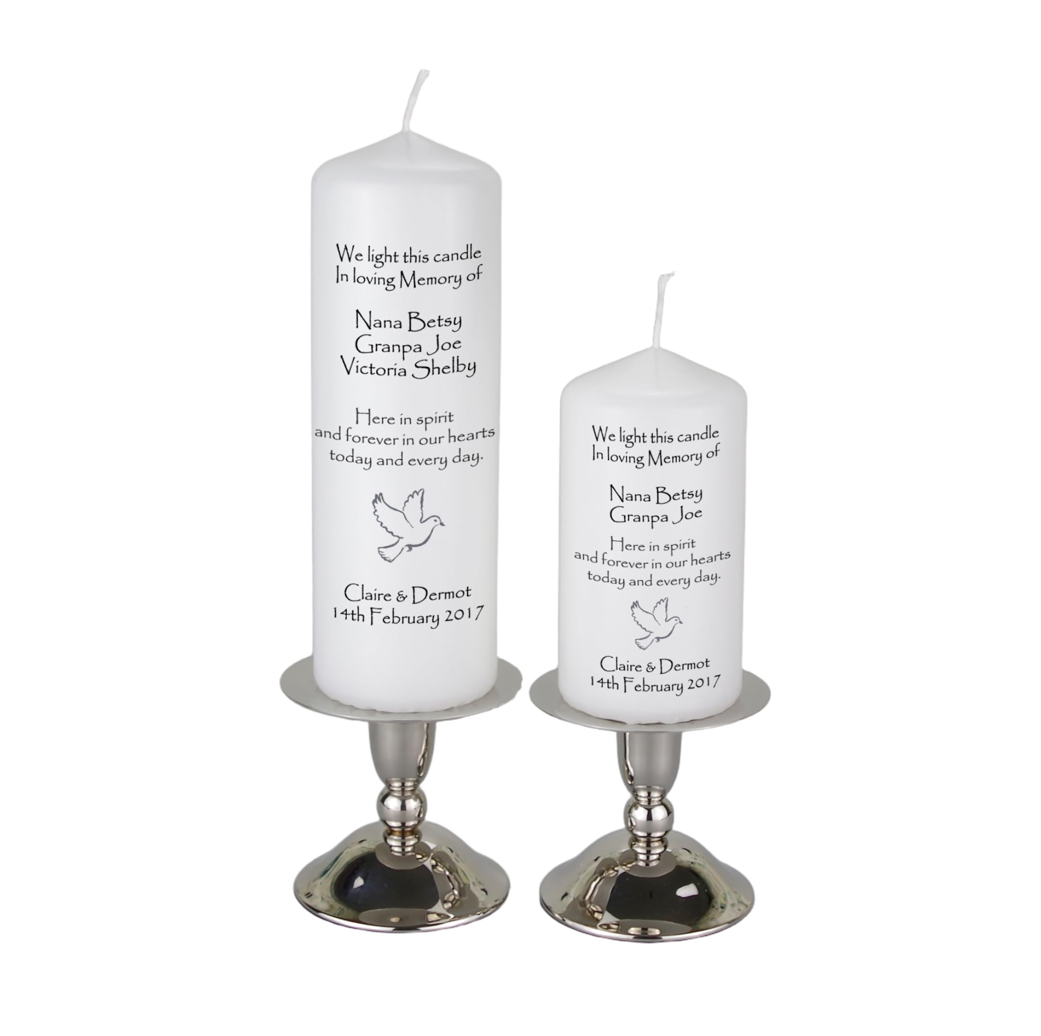 Personalised Wedding Absence Memorial Candle Here in Spirit with a Sliver Dove by Just Candles