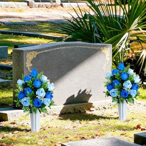Artificial Cemetery Flowers for Grave Decorations, Memorial Roses Flowers Bouquet with Vase for Cemetery Headstones Decoration, 2 Sets (Dark Blue&Light Blue) image 7