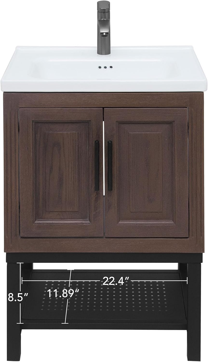 24”Wood Grain Bathroom Vanity with White Ceramic Sink & Faucet,Freestanding Bathroom Cabinet with Solid Metal Frame,Single Bathroom Vanities Cabinet with Open Metal Shelf and 2 Storage Doors Brown 15.63 x 23.7 x 34.84 Brown