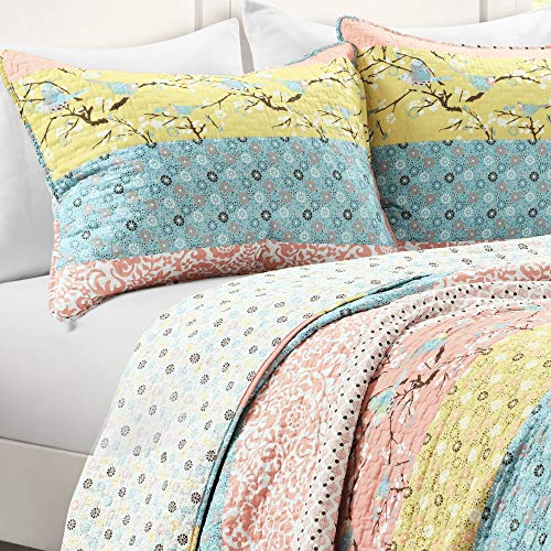 Image of Lush Decor Royal Empire Reversible Cotton Quilt Set - 3 Piece Striped Bedding Set - Bold & Colorful Bohemian Patterns - Soft Cotton Feel - Full / Queen, Blue and Coral