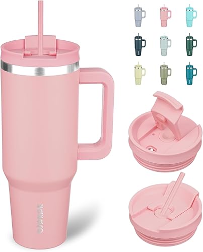 BJPKPK - Vasos con aislamiento térmico, con asa y pajilla, vasos térmicos de acero inoxidable de 40 onzas con tapa, color rosado claro