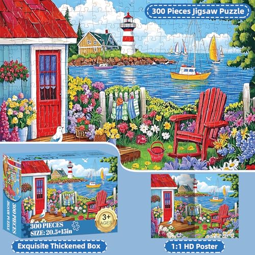 Rompecabezas de 300 piezas para adultos y niños mayores de 8 años, tema Jardín Costero con Faro, 20,5 x 15 pulgadas miniatura 4