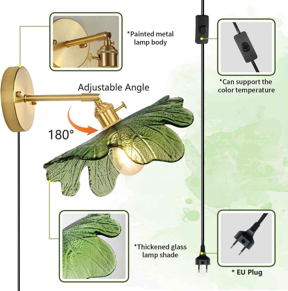 E27 Wandleuchte Innen Dimmbar Wandlampe mit Schalter 180° Drehung Wandlampe Vintage Höhenverstellbar Grüne Glas Nachttischlampe mit Stecker für Schlafzimmer Flur Küche Wandbeleuchtung