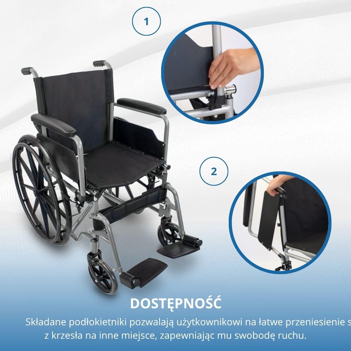 Mobiclinic®, Składany wózek inwalidzki, Marsella, Kółka z możliwością szybkiego zwolnienia po naciśęciu przycisku, Stabilny, Siedzisko 46 cm, Dźwignia hamulca, Srebrny