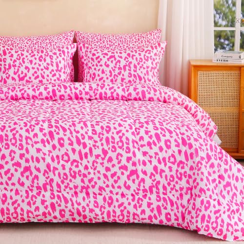 Image of lasoftan Leopard Queen Comforter Set with Sheets, 7 piece Luxury Vintage Bedding, Soft Microfiber Bed in a Bag, Cozy Lightweight Bed Set, Hot Pink Cheetah Print