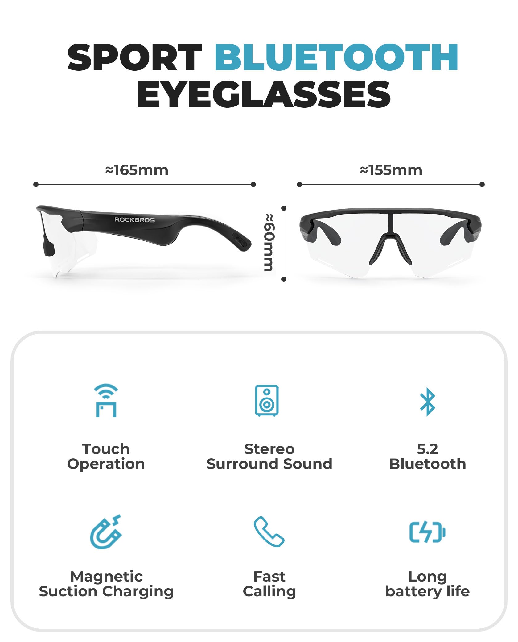 ROCKBROS Occhiali Intelligenti Bluetooth Bici, Occhiali da Sole con Apparecchi Acustici con Lenti Fotocromatiche Smart Glasses UV400 Open Ear Uomo Donna, per Bicicletta Corsa Guidare, Nero