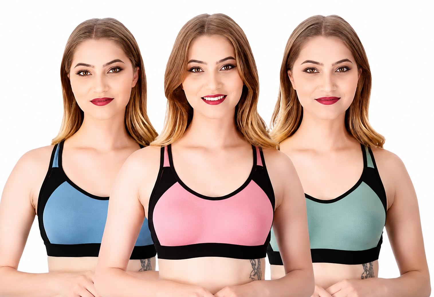 Women's Sports Bra Pack of 3, Blue, Pink & Green (in, Numeric, 36, 36, AB, 36, Regular, Plus Girls, Blue Pink Green)-picture-18