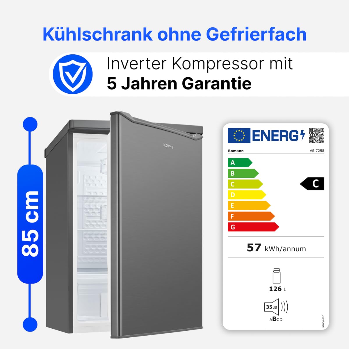 Lodówka Bomann® bez zamrażarki, Klasa energetyczna C, 85 cm, 5-letnia gwarancja na kompresor, Mała lodówka, 0-8°C, Cicha 35 dB, 3 półki, Standardowa lodówka 126 l, VS 7258 stal nierdzewna