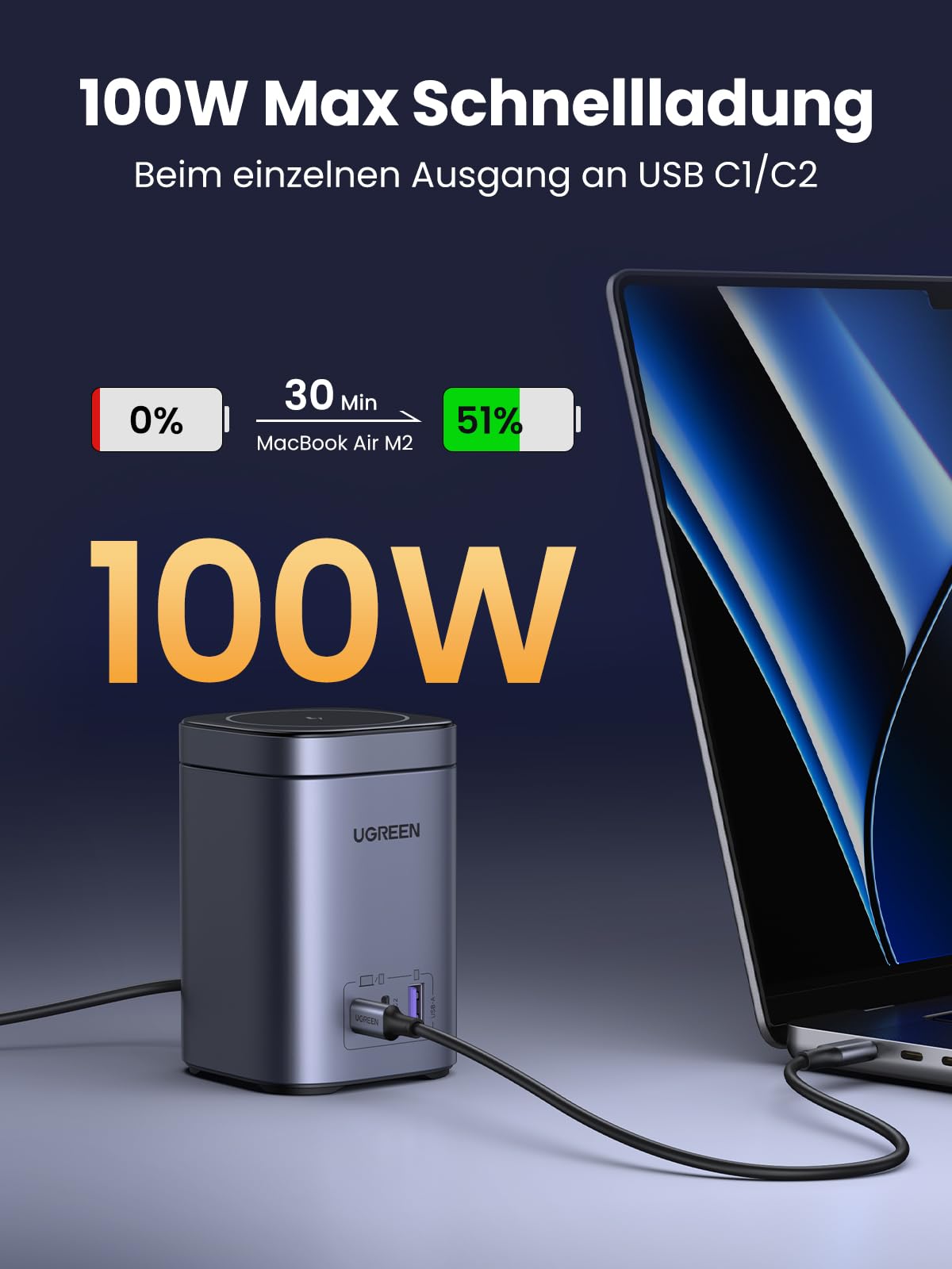 UGREEN Nexode 100W USB C Ladegerät, mit Qi2 15W Magnetisches Ladepad | GaN Netzteil, 4-IN-1 Ladestation, kabelloser Ladeständer für iPhone 12-17 Serien, kompatibel mit MacBook Pro/Air, AirPods