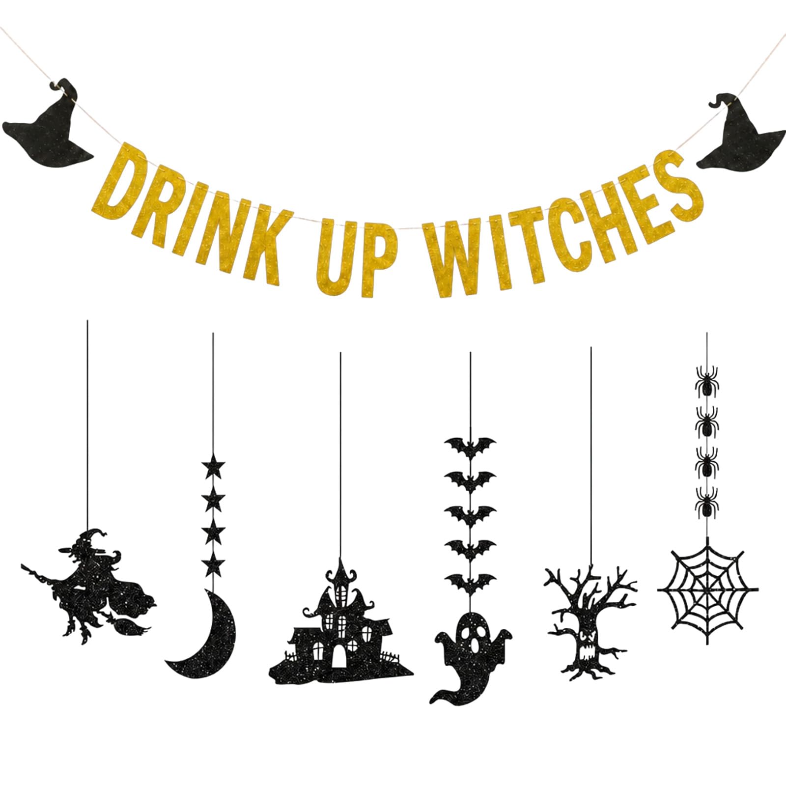 Gold Drink up Witches Banner & Hanging Witch Garland Halloween Decor