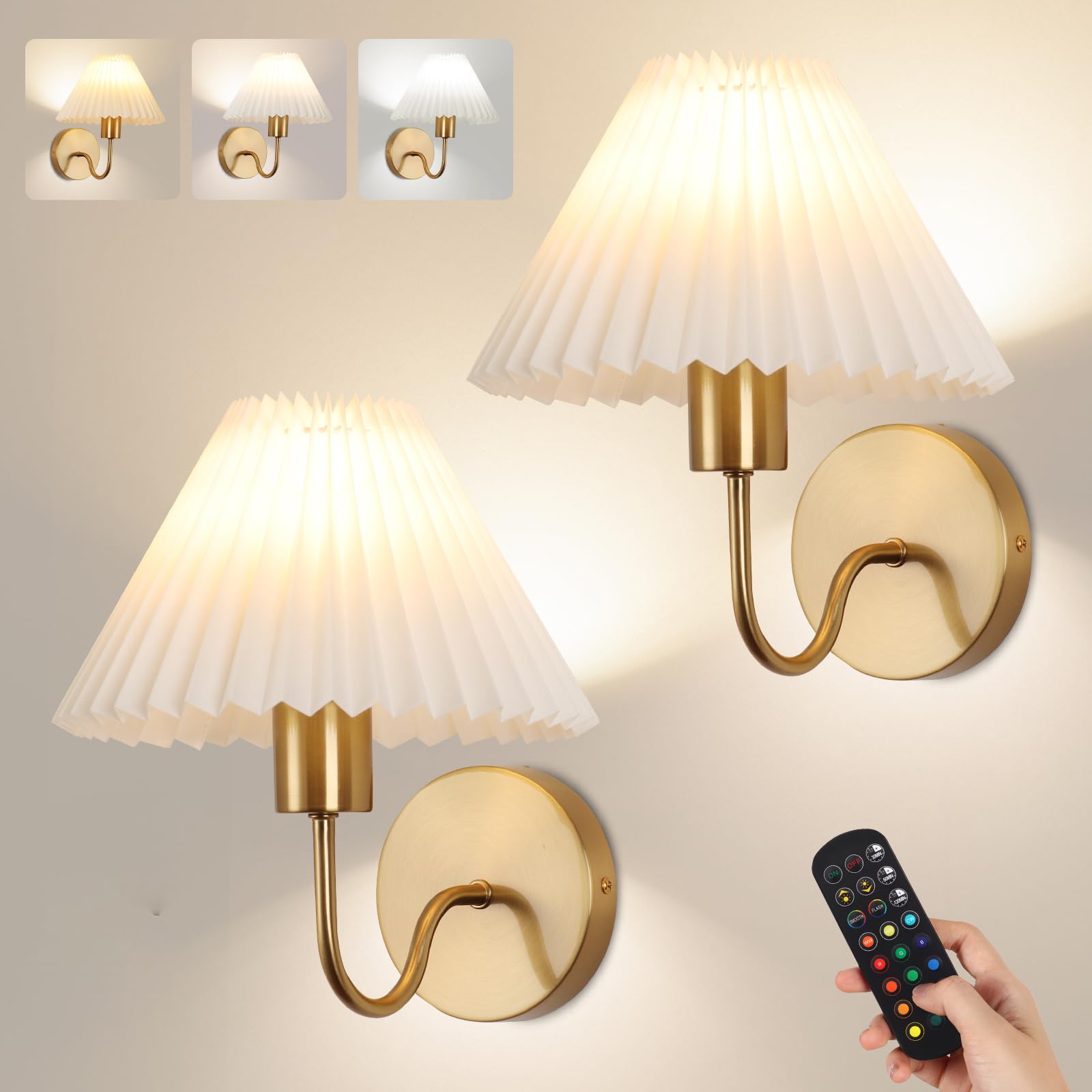 Photo 1 of Wireless Wall Sconce Sets of 2, Pleated Shades Rechargeable Battery Operated Wall Sconce, Retro gooseneck Gold Wall Lights Bathroom Vanity Sconces, Wall Mounted Lamps for Bedroom Living Room Kitchen