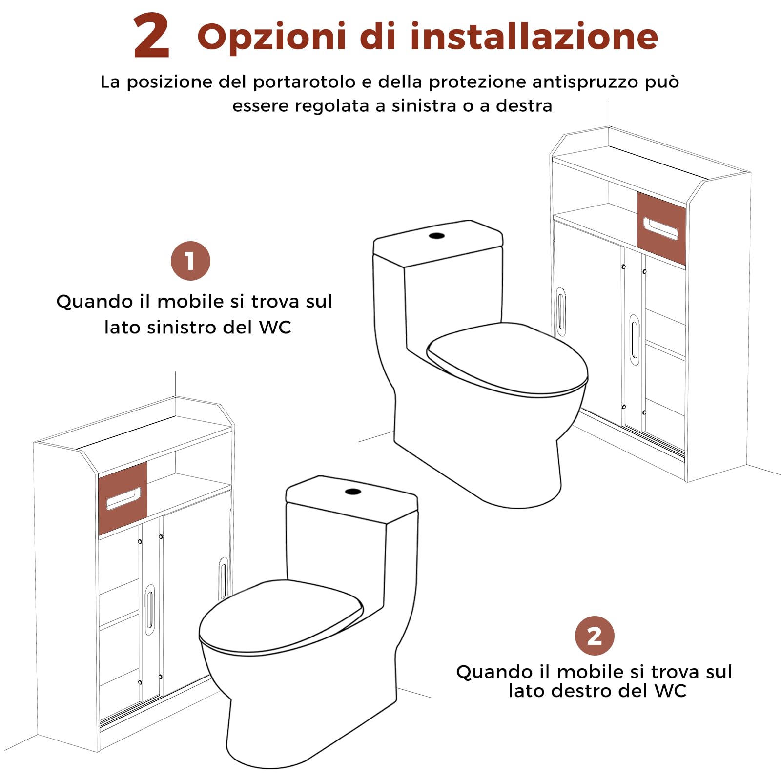 BEWISHOME Mobile da Bagno,Mobiletto Bagno Salvaspazio con Ante Scorrevoli,Maniglie Incassate,Portarotolo e Ripiani Regolabili,Accanto al Water,20x60x80 cm,Bianco EYYG16W
