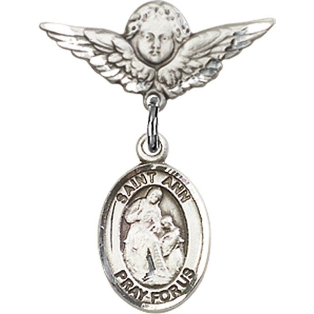 Sterling Silver Baby Badge with St. Ann Charm and Angel w/Wings Badge Pin 7/8 X 3/4 inches
