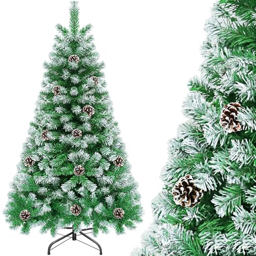 Künstlicher Weihnachtsbaum Künstlich 150cm mit Schnee Tannenzapfen, Nordmanntanne Tannenbaum Christbaum Künstlich mit Metall Ständer, Künstliche Tannenbäume Weihnachtsbäume PVC für Weihnachten Deko