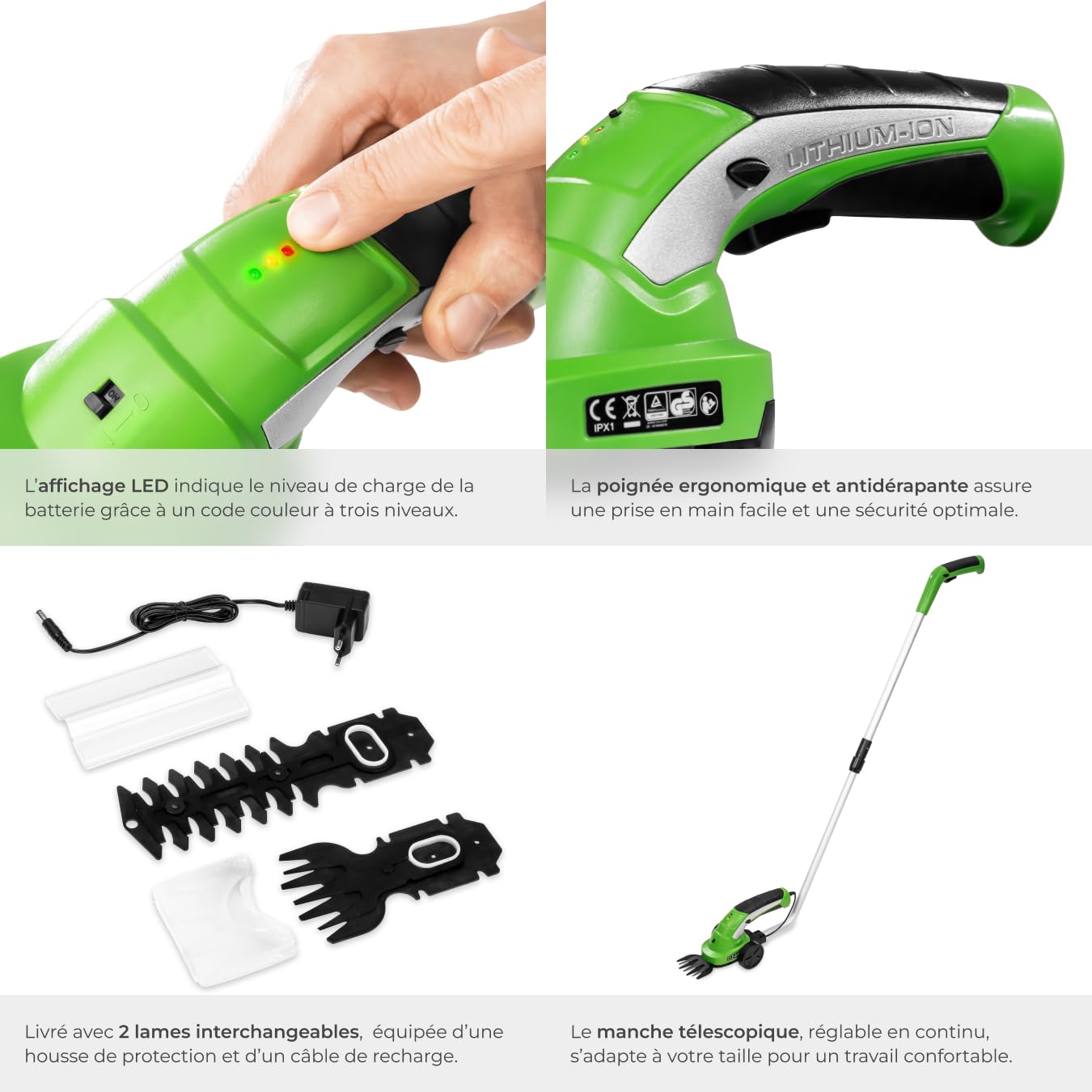 tectake® Taille haie Batterie Cisaille de Jardin Cisailles à Gazon Coupe Bordure Batterie avec 2 Lames différentes, Manche téléscopique et Chargeur 7,2V Batterie Lihtium ION Taille Herbe