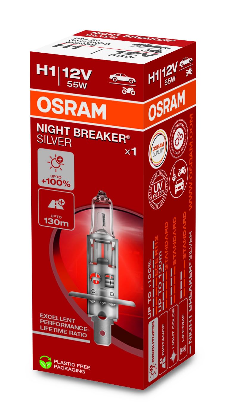 OSRAM Night Breaker SILVER H1, 100% mais brilho, farol de
