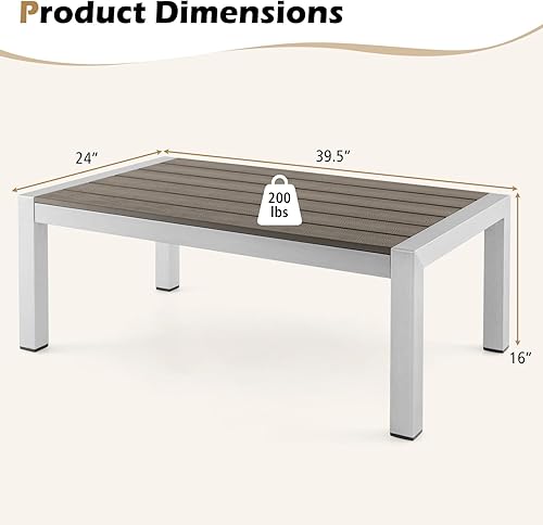 Miniatura 3 de Tangkula Mesa de centro de aluminio para exteriores, moderna mesa de cóctel rectangular con mesa de madera de plástico y marco de aluminio