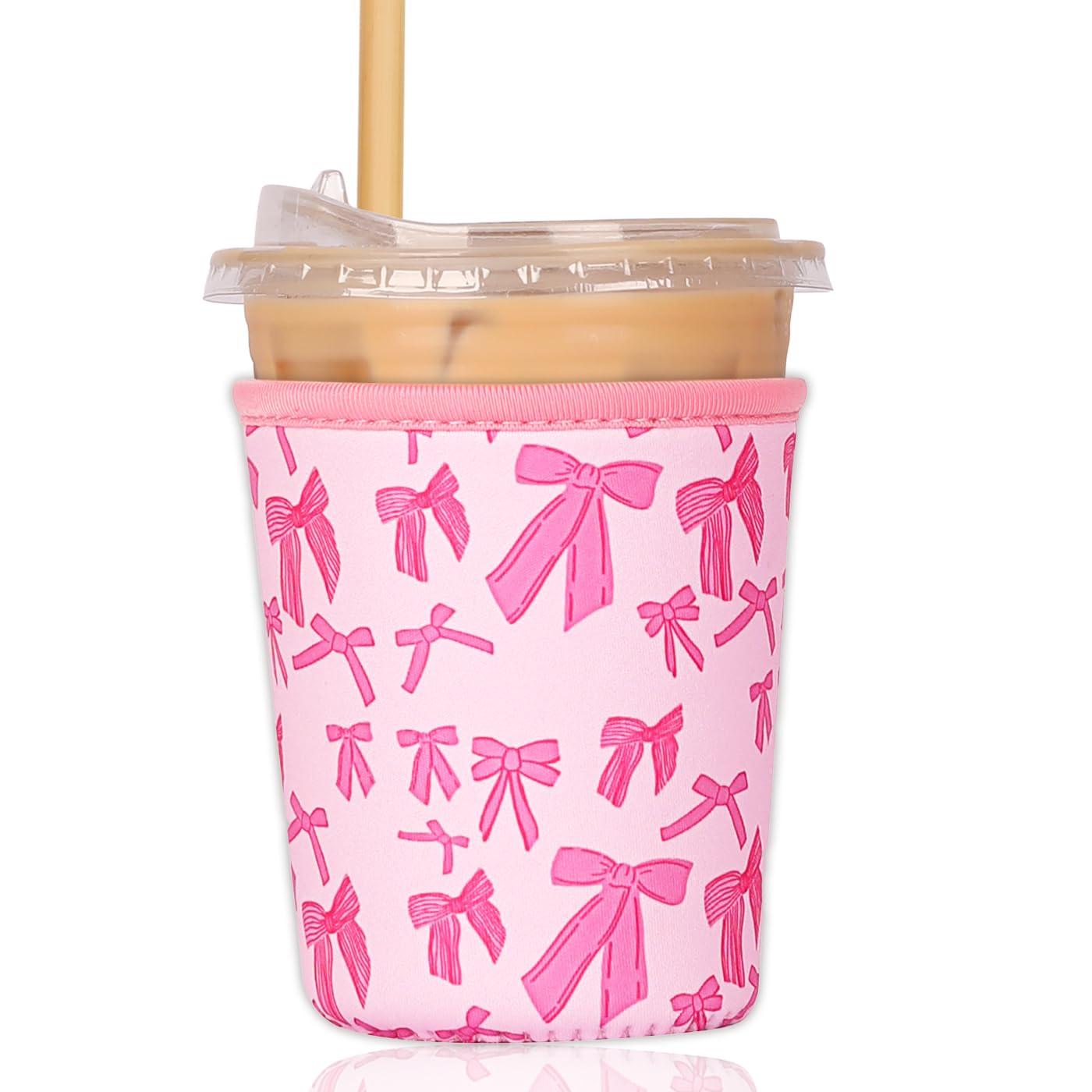 Reusable Insulated Sleeve for Iced Coffee Cup, Coffee Neoprene Sleeve for Cold &amp; Hot Drinks, Beverage Holder for Iced Coffee (Pink Bows, Small: 16-18oz)